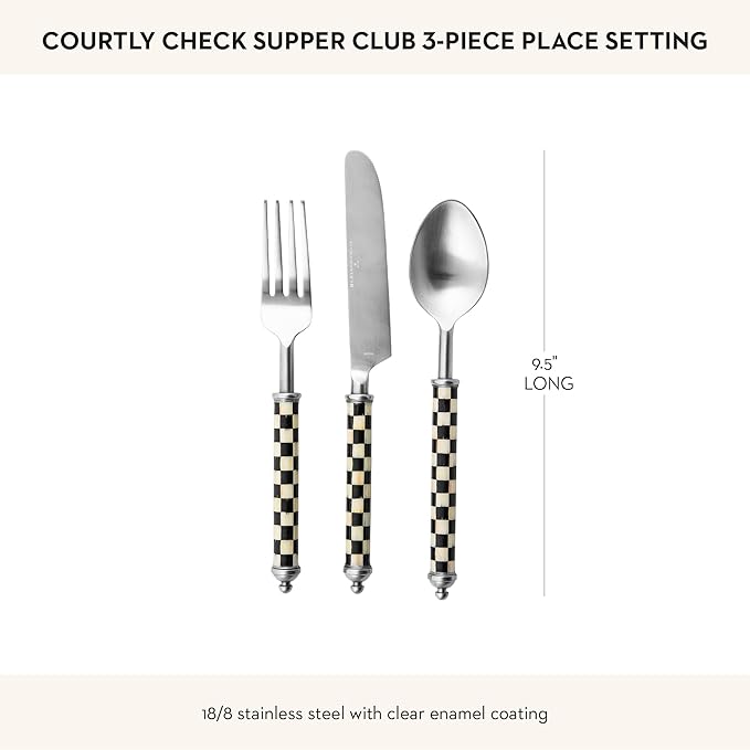 MACKENZIE-CHILDS Supper Club 3-Piece Place Setting, Fork, Spoon, and Knife Dinner Flatware Set, Black-and-White Courtly Check