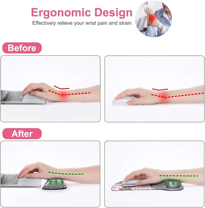 MOSISO Wrist Rest Support for Mouse Pad & Keyboard Set, Peony Ergonomic Mousepad Non-Slip Base Home/Office Pain Relief & Easy Typing Cushion with Neoprene Cloth & Raised Memory Foam, Gray