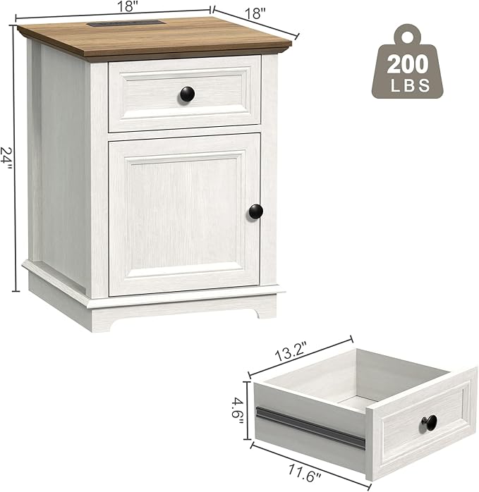 End Table with Charging Station, Fast Charge, End Table with Drawer, Big Storage Side Table for Living Room/Bedroom, White