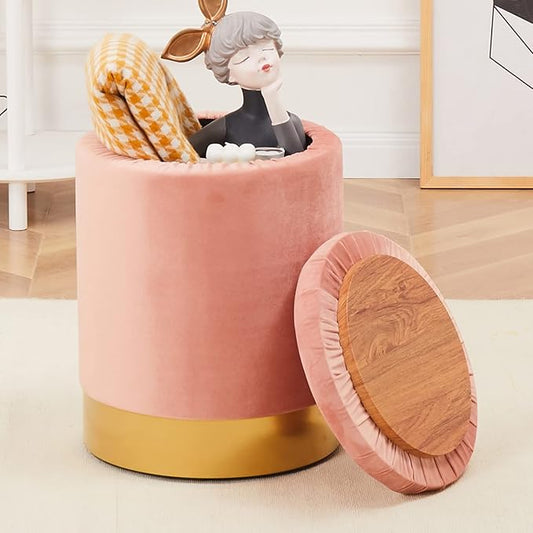 Mxfurhawa Velvet Storage Ottoman Multipurpose Footrest Stool with Metal Base Modern Round Vanity Stool Chair Ottoman Foot Stools Support 300 lbs Padded Seat for Living Room (Soybean red)