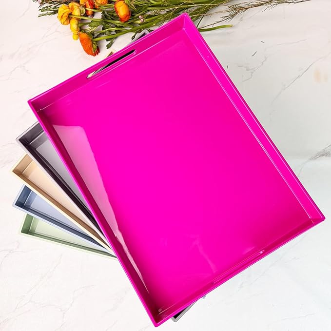 Large Decorative Tray, Rectangular Serving Tray with Handles, Plastic Coffee Table Tray for Ottoman, Living Room, Kitchen Tabletop, Rose Pink, 15.7” x 11.8” x1.6”