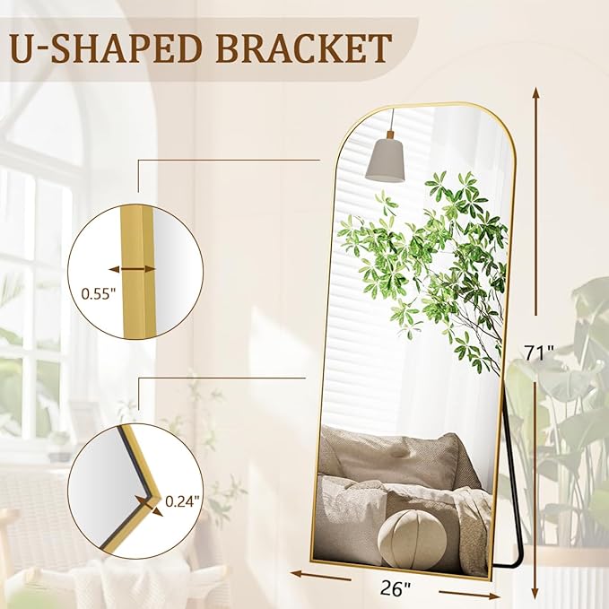 Koonmi Full Length Mirror, 71"x26" Mirror Full Length with Stand, Gold Domed Top Square-Edged Floor Mirror with Aluminum Alloy Frame for Bedroom Living Room