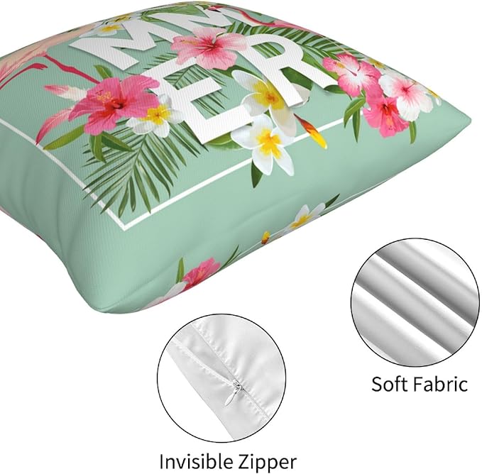 Summer Flamingo Decorative Throw Pillow Covers 18 x 18 Set of 4, Pink Bird Tropical Palm Leaves Flower Porch Patio Pillowcase, Beach and Blue Sky Pattern Cushion Case Decor