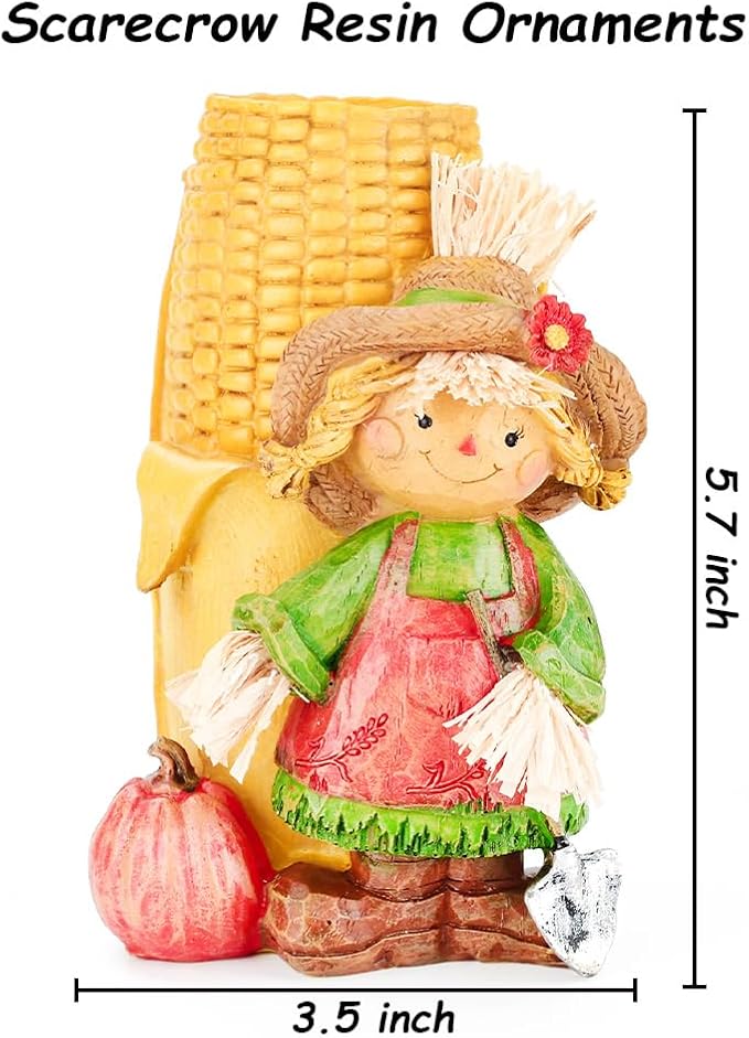 Handcrafted Thanksgiving Scarecrow Figurines, Fall Harvest Tabletop Decorations with Candle Holder, Autumn Resin Decor for Home, Porch, or Garden (Girl)