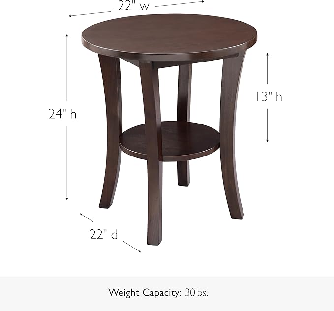 Leick Home Boa End Table, Solid Wood, 22 in. Round, Bottom Display Shelf, Easy-Assembly, For Living Room/Bedroom, Chocolate Oak, 22 in Diameter x 24 in H, 10302