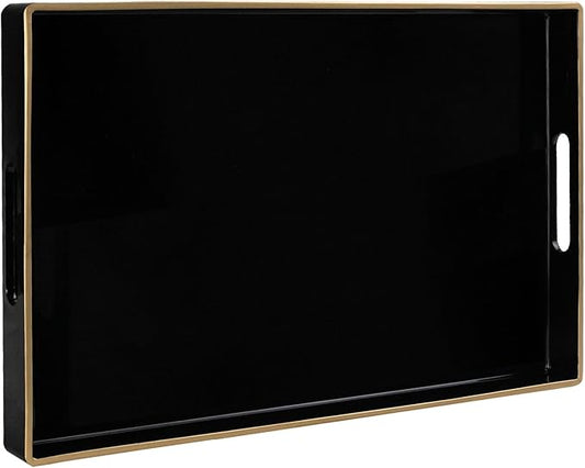 MAONAME Black Decorative Tray for Coffee Table, Modern Serving Tray with Handles, Plastic Rectangular Tea Tray for Ottoman, Bathroom Decor, 15.8” X 10.2” x1.4