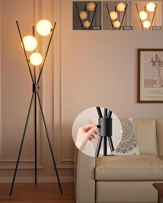 Lightdot 60IN Dimmable Black Tripod Floor Lamp Mid Century Standing Lamps with 3Pcs 3000K G9 Bulbs Globe Eye Care&Stable Base Modern Tall Lamp for Living Room Bedroom Office
