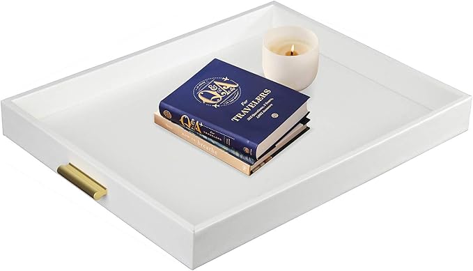 HofferRuffer Extra Large Serving Tray with Handles, Elegant Faux Leather Storage Decorative Tray for Coffee Table, Ottoman, Console Table (White Tray+Golden Handle)