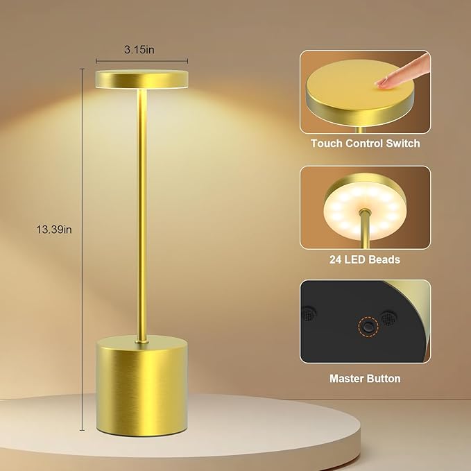 Cordless Table Lamp – 2 Pack Rechargeable Table Lamps, 5000mAh Battery Operated Lamp with 3-Color Dimmable Light, Outdoor Table Lamp for Bedroom, Restaurant, Patio, Home Décor (Gold)