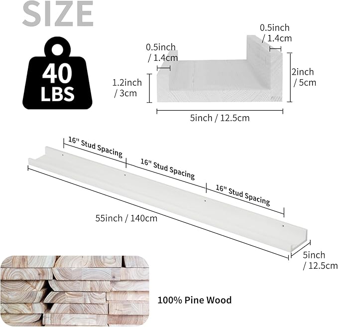 SAUMONIERES Picture Ledge Shelf Floating Book Shelves Set of 2 Wall Mounted Solid Wood for Bedroom Bathroom Living Room Kitchen, 55 Inch White
