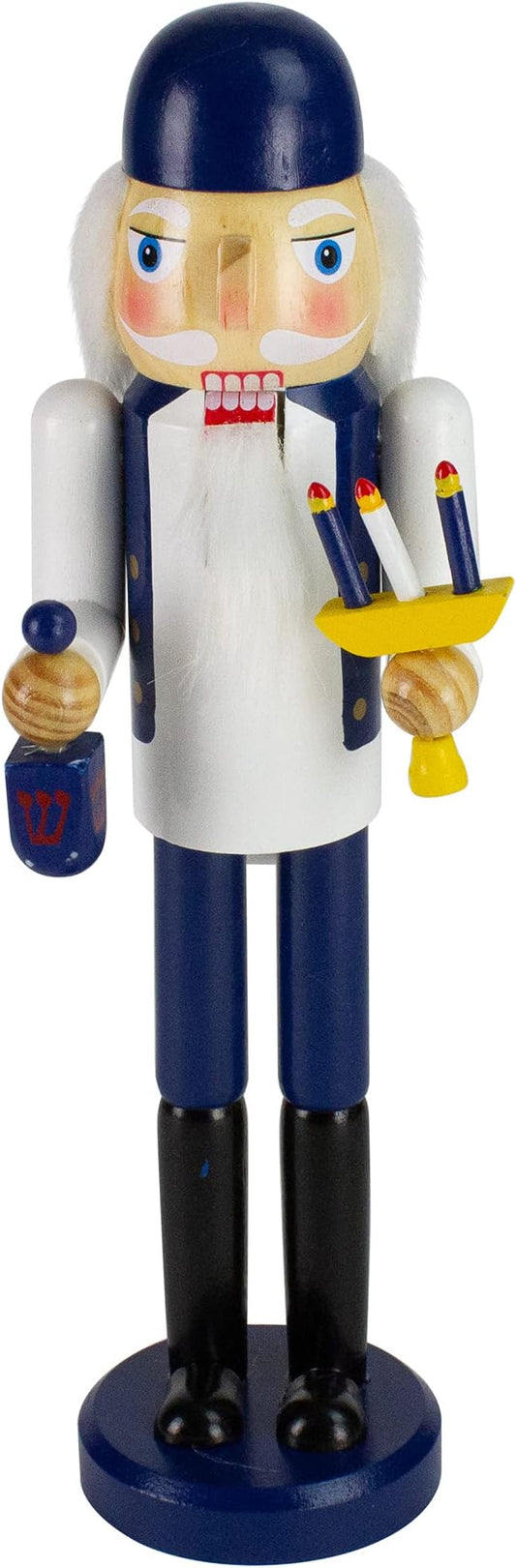 Northlight 14" Blue and White Wooden Hanukkah Nutcracker with Dreidel and Menorah