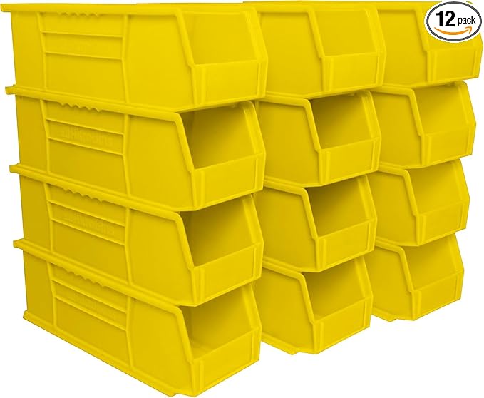 Akro-Mils 30234 AkroBins Plastic Storage Bins, Space-Saving Stackable Bins for Garage, Pantry, Craft Organization, 15" x 5" x 5", Yellow, 12-Pack