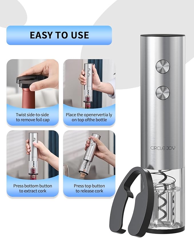 CIRCLE JOY Electric Wine Opener Stainless Steel Rechargeable Automatic Wine Bottle Opener Set 6-in-1 Top Gifts for Wine Lovers with Charging Base, Foil Cutter, Wine Aerator Pourer & 2 Vacuum Stoppers