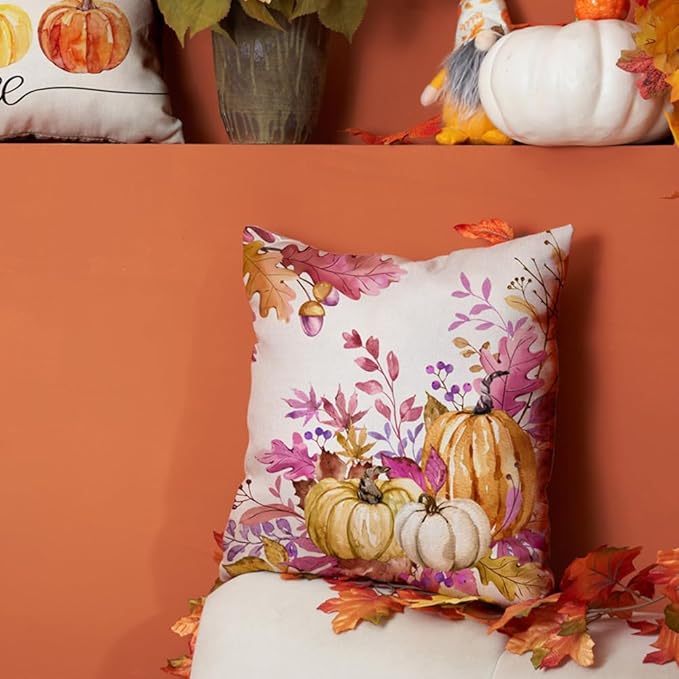 DFXSZ Fall Pillow Covers 18x18 inch Set of 2 Pink Orange Pumpkin Fallen Leaves Decorative Outdoor Throw PillowCovers Autumn Thanksgiving Farmhouse Decoration for Home Couch TH27-N18