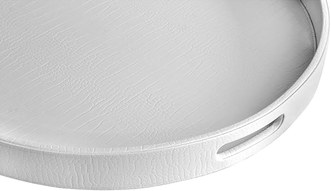 HofferRuffer Extra Large Round Serving Tray, Elegant Faux Leather Circle Ottoman Table Tray with Handles, Serve Tea, Coffee or Breakfast in Bed, Diameter 23.6 x 2.4 inches Height (White)