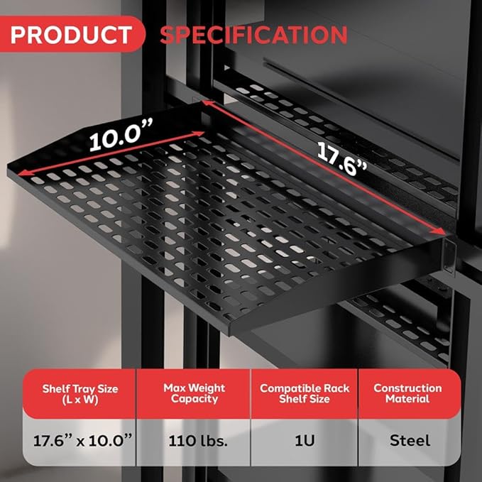 Pyle 19-Inch 1U Server, Vented Shelves for Good Air Circulation Cantilever Wall Rack, Universal Device, Cabinet Shelf, Computer Case Mounting Tray, Black (PLRSTN14U)
