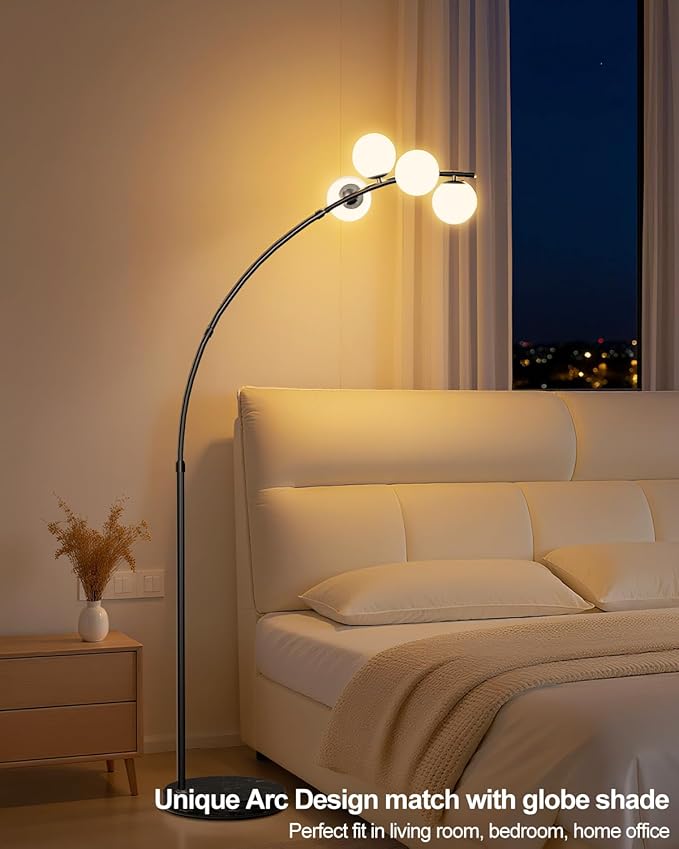 Lightdot Black Arc Floor Lamp for Living Room, 4 Globe Floor Lamp with Shatterproof Shade& Mable Base, Mid Century Modern Tall Standing Lamp for Bedroom/Home Office(Bulbs Included)