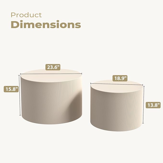 Round Coffee Table Set of 2, Modern Wooden Beige Nesting Coffee Tables for Living Room, No Assembly Required Circle Side Tables Set Accent End Table for Bedroom, Balcony