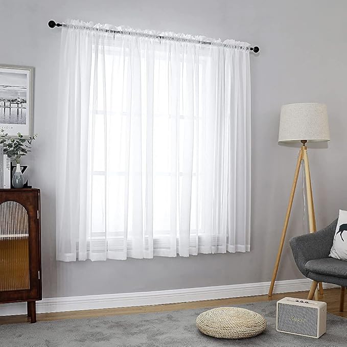 Aiyufeng 2 Piece White Sheer Curtains 63 Inch Length, Light Filtering Kitchen Curtain for Small Window, Voile Top Dual Rod Pocket, 2 x 40 W x 63" L