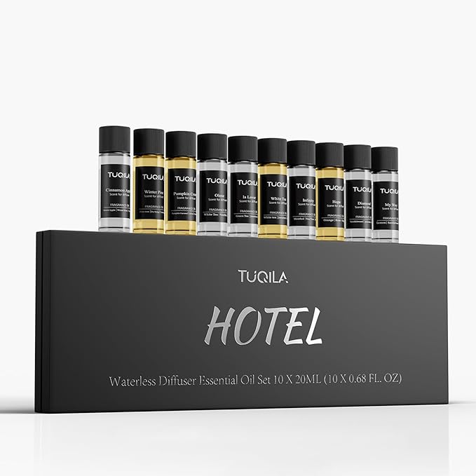 Hotel Luxury Waterless Diffuser Essential Oil Set(10x 20mL), Aroma Scent Oil My Way, Diamond, Hope, White Tea, Olene, Usage Cold Air Diffuser Aromatherapy for Home, Car, Hotel, Office