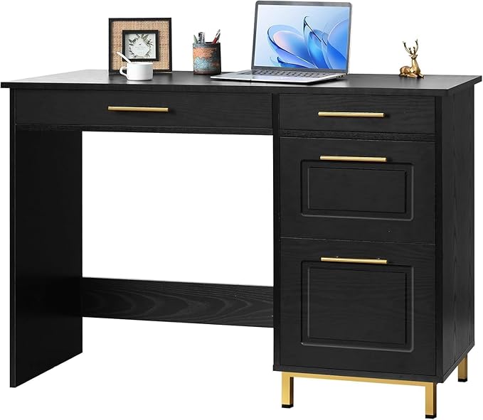 4 EVER WINNER Computer Desk with Drawers, 43 Inch Small Desk with Storage Shelves, Home Office Desk with Drawers for Small Space, Black