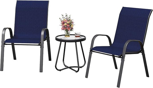 Amopatio 3 Piece Patio Set, Outdoor Stackable Dinging Chairs for All Weather, Breathable Garden Outdoor Furniture for Backyard Deck, Navy Blue