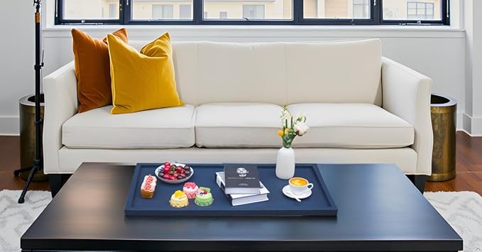 35 * 18 Inch Rectangular Ottoman Tray | Textured PU Leather, Waterproof & Heat-Resistant Storage for Coffee/Dining Tables, Sofa, Bed, Entertainment & Party (Navy Blue, 35 * 18in)