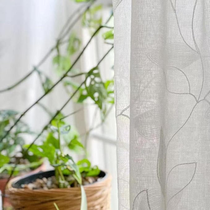 HOMEIDEAS White Sheer Curtains 52 X 84 Inches Long 2 Panels Embroidered Leaf Pattern Pocket Faux Linen Floral Semi Sheer Voile Window Curtains/Drapes for Bedroom Living Room