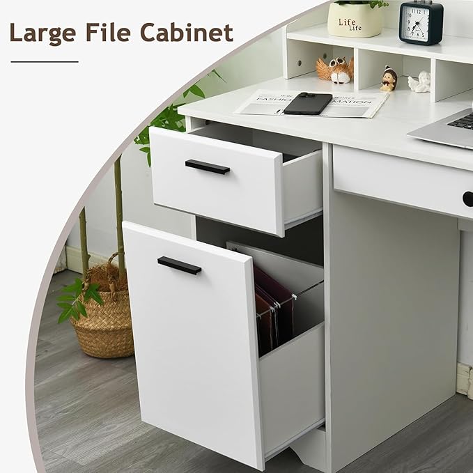 White Desk with 6 Drawers, 58 Inch Executive Desk with Hutch, White Wood Computer Desk with Storage for Bedroom, Home Office Desk with File Cabinet