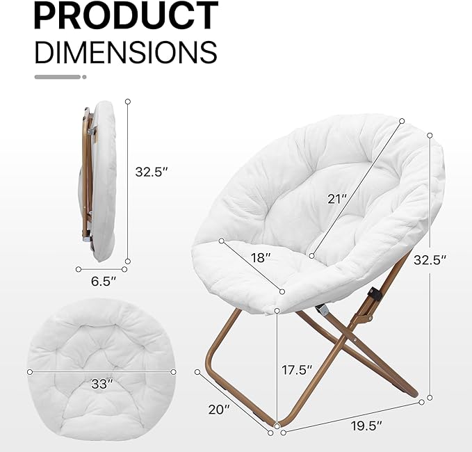 Athena Collection Comfy Saucer Chair Folding Cozy Chair for Bed Room Living Room Accent Chair Faux Fur Reading Chair Foldable Metal Frame Lazy Chair Moon Chair for Adult, White