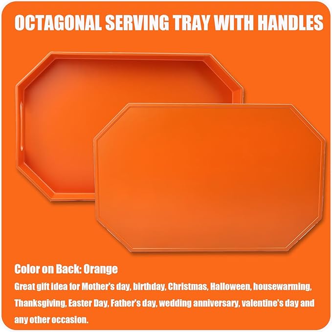 Orange Octagonal Serving Tray with Handles for Coffee Table, Plastic Decorative Tray for Ottoman, Kitchen Counter, Living Room, Outdoor Lacquer Tray for Entertaining
