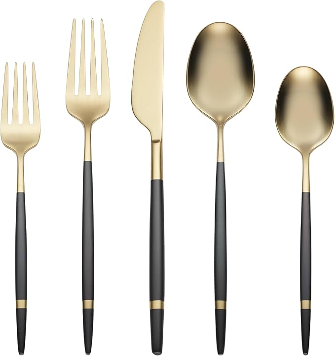 Cambridge 516320CKW12DS Gaze Black/Gold Satin Banded 20-Piece Flatware Set