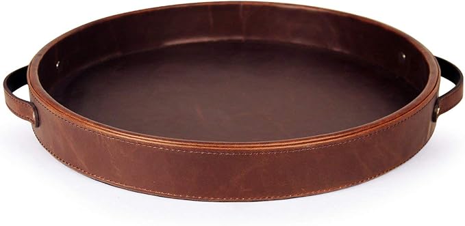 HofferRuffer Top Nocth PU Leather Round Serving Tray, Decorative Serving Tray with Handles, Coffee Tray, Ottoman Tray for Home Or Office, Diameter 14.6-inch, Brown