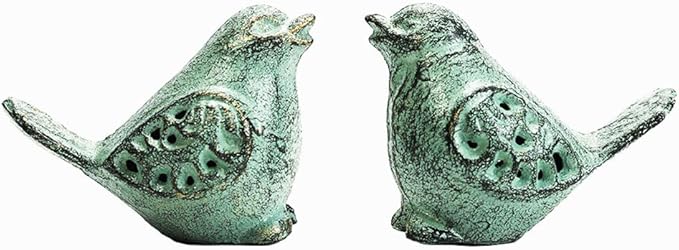 Sungmor Cast Iron Desktop Ornament - Graceful Hollow-Carved Birds Sculpture Home Decoration - Decorative & Lovely Animal Figurine Indoor Outdoor Statues - 2PC Pack & Green Color