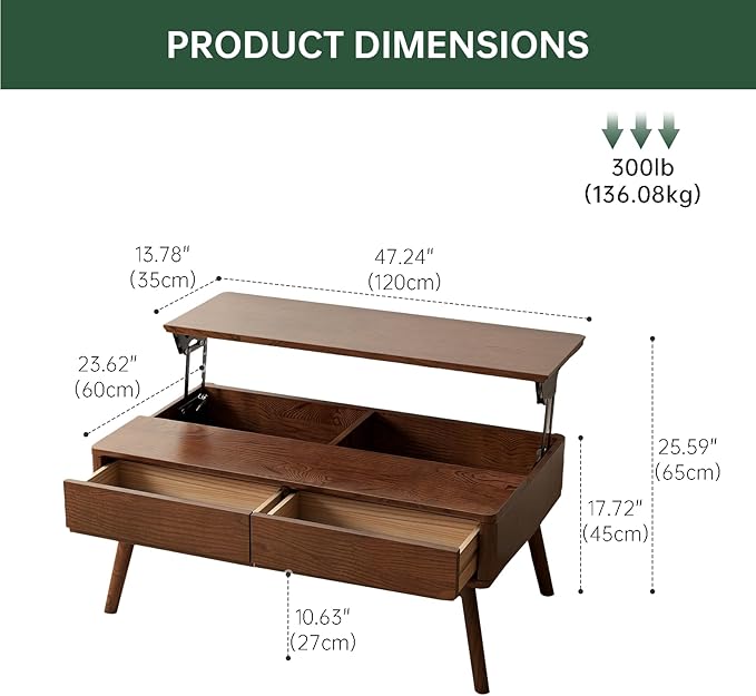 Lift Top Coffee Table,100% Solid Oak Wood Walnut Coffee Table with Drawers and Hidden Compartments, Rectangular Coffee Tables with Storage for Living Room Home Decor (47.24inch)