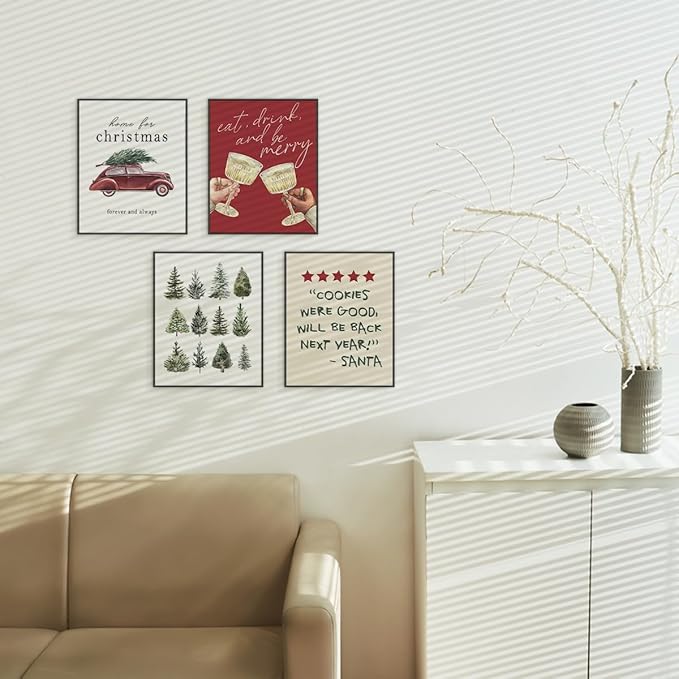 ETVISO Christmas Decor, Christmas Trees Wall Art Prints Set of 4, Retro Vintage Xmas Poster, Funny Winter Holidays Gift Print Decor for Gallery Living Room Bathroom, 8x10 (Unframed)