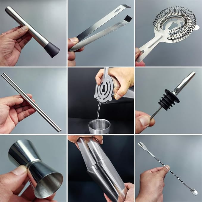 Professional Cocktail Shaker Set with Stand Cocktail Recipes, 15-Piece 750/600ml Bartender Kit, Bar Sets Bartending Kit Bar Tool Set 25/20oz Boston Shakers, Jigger, Muddler (Silver)