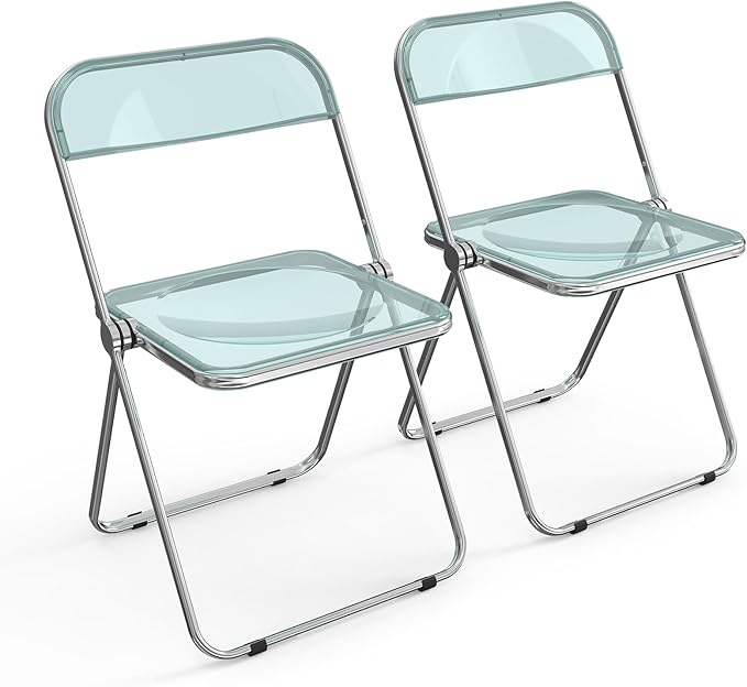 VINGLI Acrylic Folding Chairs 2 Pack, Clear Chair Foldable and Stackable, Plastic Panel & Metal Chrome Frame, Weight Capacity 350 lbs, Blue Green