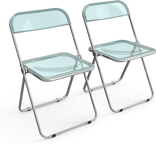 VINGLI Acrylic Folding Chairs 2 Pack, Clear Chair Foldable and Stackable, Plastic Panel & Metal Chrome Frame, Weight Capacity 350 lbs, Blue Green