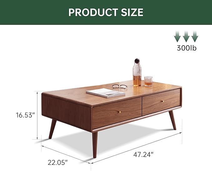 100% Solid Wood Coffee Table for Living Room, 47.24" W Mid Century Modern Coffee Table with 4 Drawers, Oak Coffee Tables for Home (Walnut Wood Color, 47.24" W)