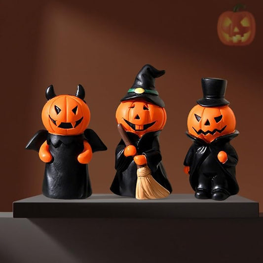 Halloween Decorations Indoor Pumpkin Figurine Set of 3, Mini Handmade Resin Trinket Tray Broom & Witch Pumpkin, Decor for Tabletop Mantel Shelf Home Office Party