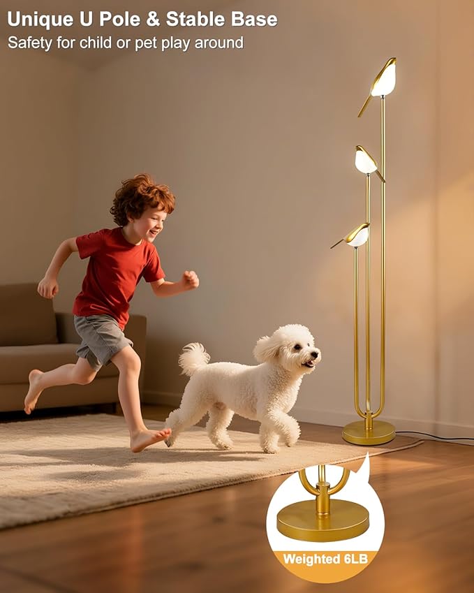 Lightdot Gold Floor Lamp for Living Room Modern Mid Century Standing Light with 3 Adjustable LED Bird Lights for Wedding Party Unique Candle Holder Style Tall Floor Lamp for Bedroom Kids Room
