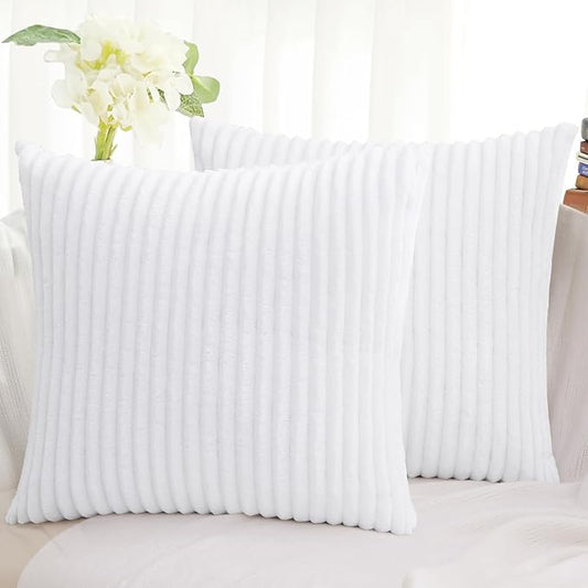Simmore Decorative Fall Throw Pillow Covers 22x22 Set of 2, Soft Natural Plush Flannel Double-Sided Fluffy Couch Pillow Covers for Sofa Living Room, White