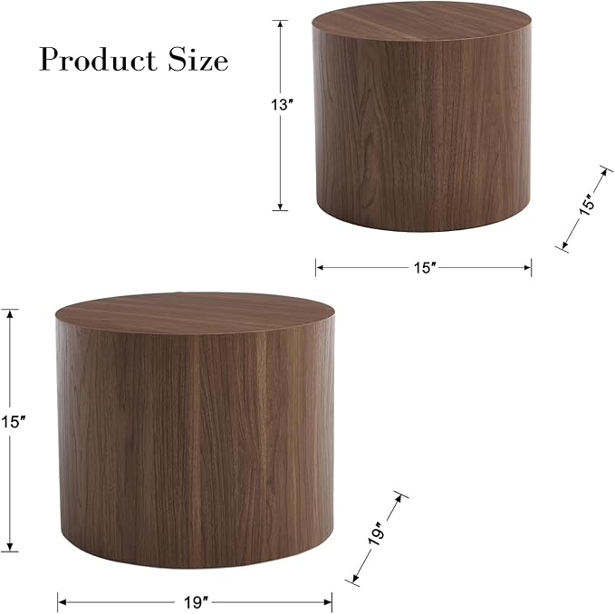Round Coffee Tables Side Table Set of 2, Wood Nesting End Table for Living Room Balcony Office, Walnut Wooden Color, No Assembling