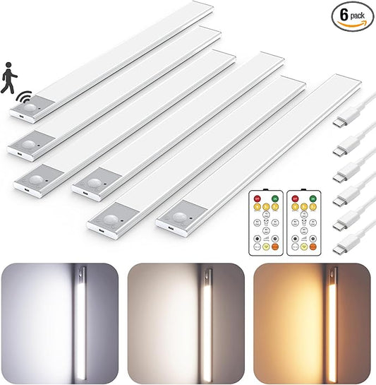 16" Ultra-Thin Under Cabinet Lighting Wireless, Aluminum Alloy Under Counter Lights for Kitchen, 3-Color-Temps Magnetic Closet Lights, Rechargeable Motion Sensor Light Indoor (6 Pack, Silver)