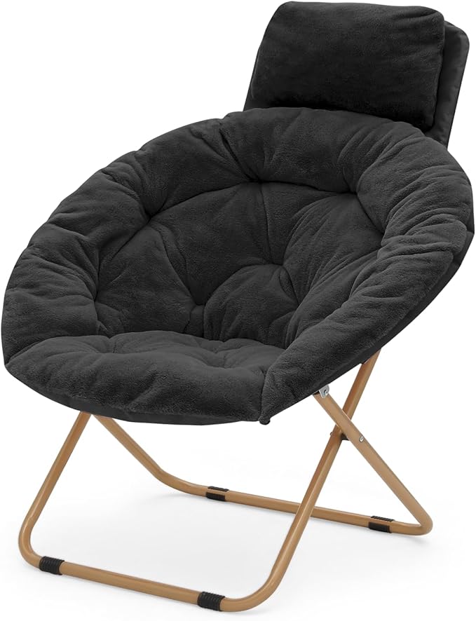Athena Collection Comfy Saucer Chair with Headrest Oversize Round Cozy Chair Folding Chair Faux Fur Metal Frame Foldable Reading Chair Accent Chair for Bedroom Living Room, Black