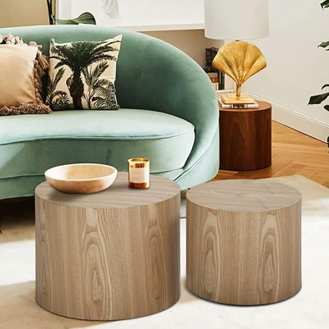 Round Coffee Table Set of 2, Nesting Coffee Table and End Table Set Wood Small Circle Drum Side Table for Living Room Office, No Assembly,Wooden