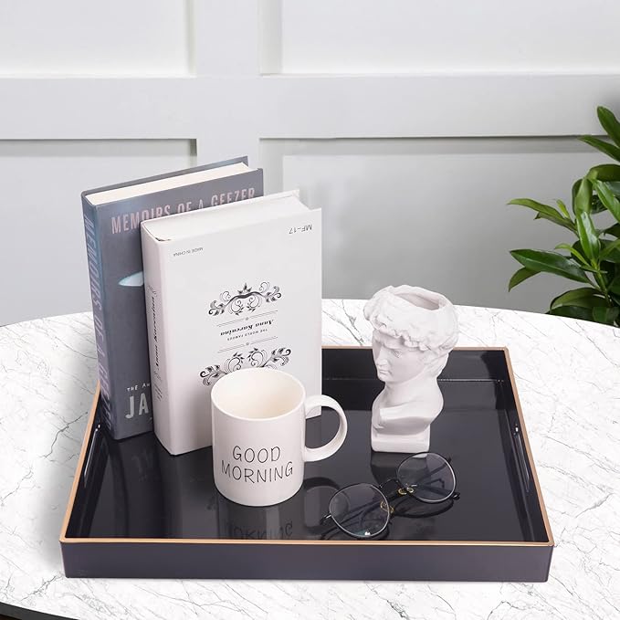 MAONAME Black Serving Tray with Handles, Rectangular Decorative Tray, Modern Coffee Table Trays, Plastic Ottoman Trays for Bathroom, Decor, 15.7” x 11.8” x 1.57"