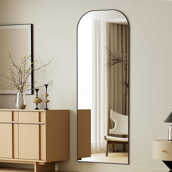 Koonmi Full Length Mirror, 56"x21" Mirror Full Length with Stand, Black Top Square-Edged Floor Mirror with Aluminum Alloy Frame for Bedroom Living Room