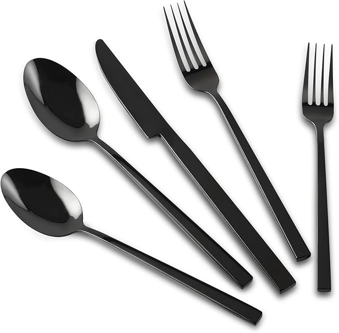 Stainless Steel Flatware Set Hand Forged 18/10 Silverware Set Mirror Black Cutlery Set with Cuboid Handle Matte Finished 20 Pieces Home Event Use Wedding Housewarming Gift Service for 4